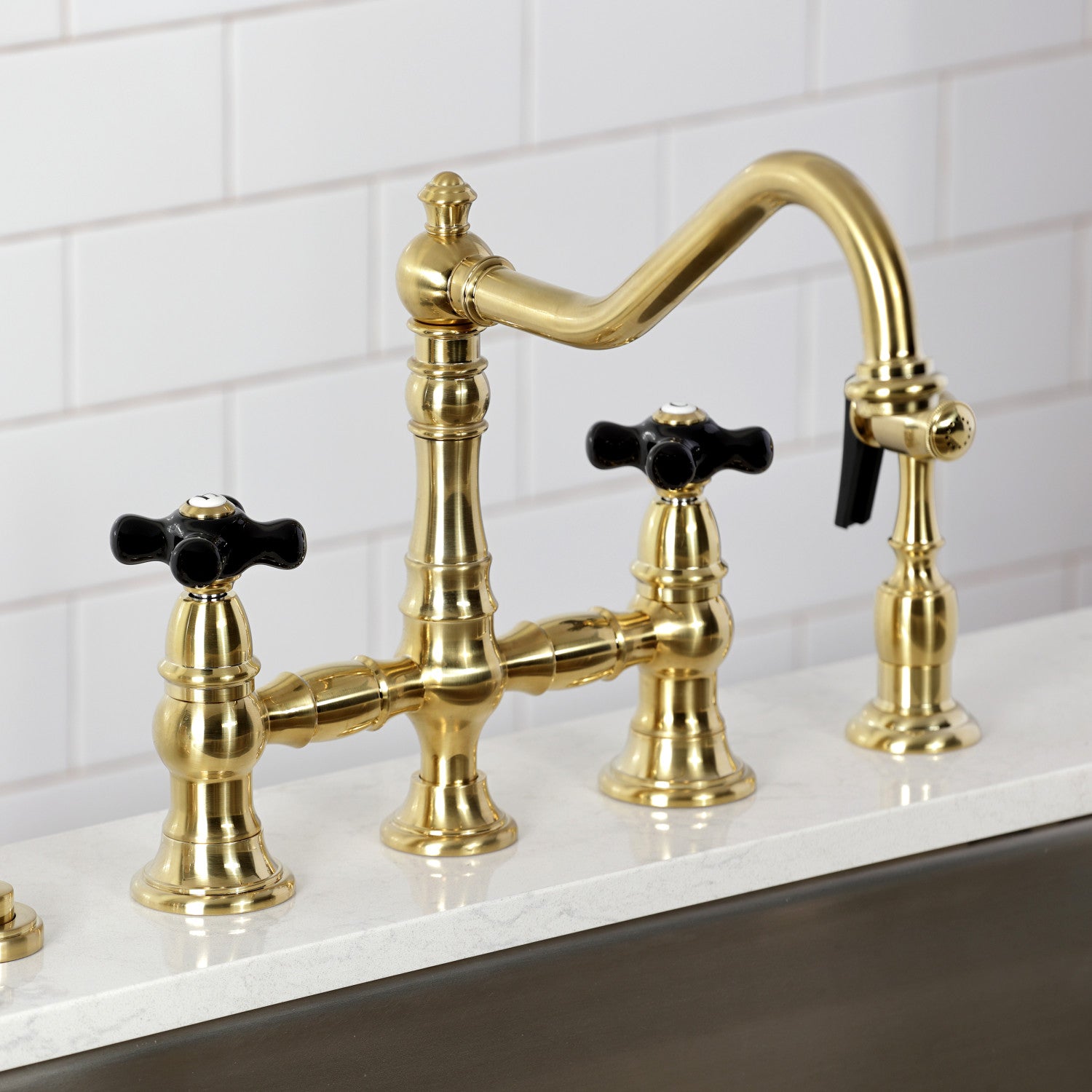 Kingston Heirloom KS3277PKXBS - Duchess Two-Handle 4-Hole Deck Mount Bridge Kitchen Faucet with Brass Sprayer, Brushed Brass — thumbnail 2